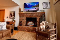 guest home fireplace in living room featuring a small chair, tv, and couch.