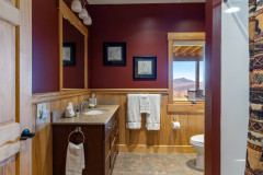 bathroom in fox hollow guest home showing a shower and vanity with red painted walls.