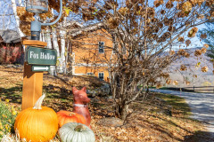 fox hollow guest home driveway with signage, pumpkins, and a small fox statue.