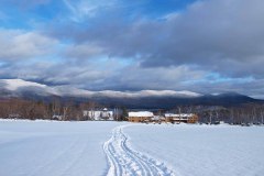 Sleigh tracks in fresh snow with mountains in background.