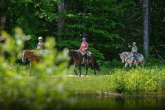 young children riding horses along a wooded trail with a pond.