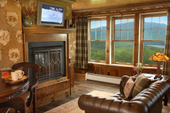 Room with leather couch, fireplace and windows looking out toward green mountains.