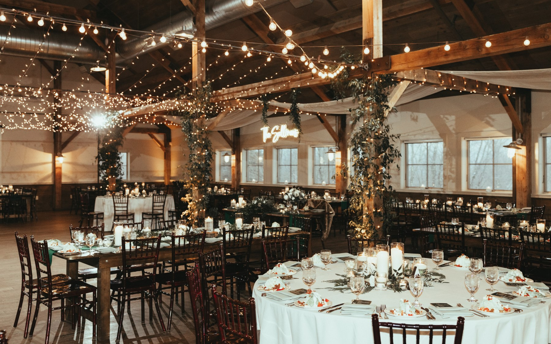 event barn set up for a winter wedding