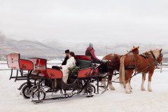 bride and groom in sleigh for a horse drawn sleigh ride.