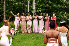 Bride and bridesmaids walking towards rest of wedding party in front, while wedding party is in focus and smiling and celebrating.