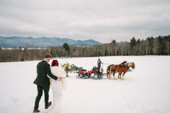 bride and groom walking towards sleigh in meadow featuring horses.