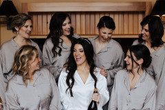 photo of bride in white with bridesmaids in soft grey - total of 7 people in frame.