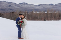 bride and groom in winter scape with mountains behind them.