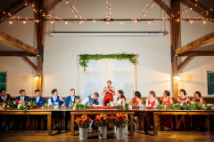 bride and groom at head table surrounded by wedding party.