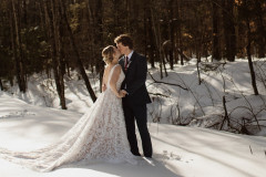 photo of bride and groom kissing with winter scape and trees behind them.