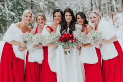 bride in traditional white gown holding red rosebbouquet, flanked by 2 bridesmaids in red dresses with white shawls - standing in a row with snowy trees in background