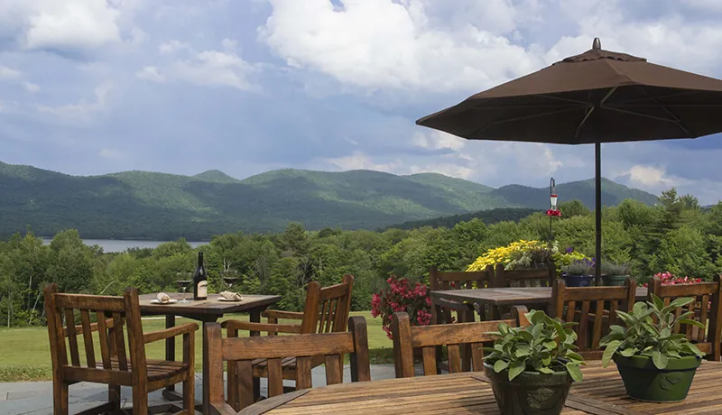 summer view of wooden patio furniture on terrace with brown umbrellas, flowers and view of green trees on mountains